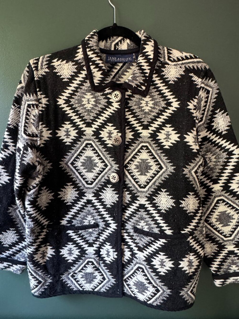 Jane Ashley Southwestern Aztec Tapestry Jacket Sz M Concho Buttons Cotton